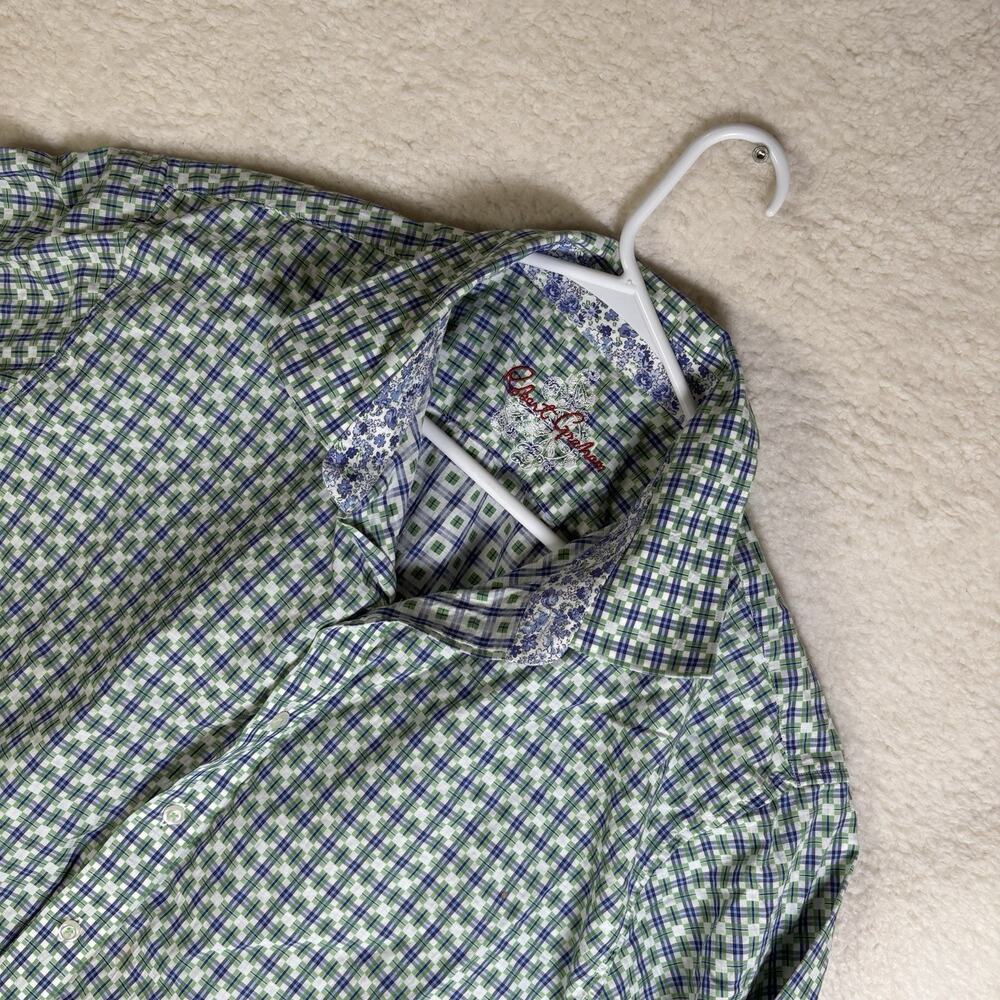 Robert Graham Shirt Mens 2XL XXL Blue Green Plaid Button Up Flip Cuff Floral